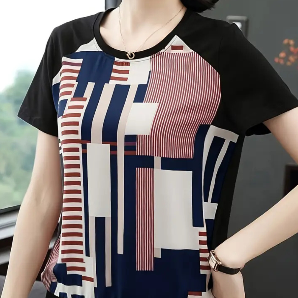 Aria | Modern Geometric Print Short-Sleeve Blouse