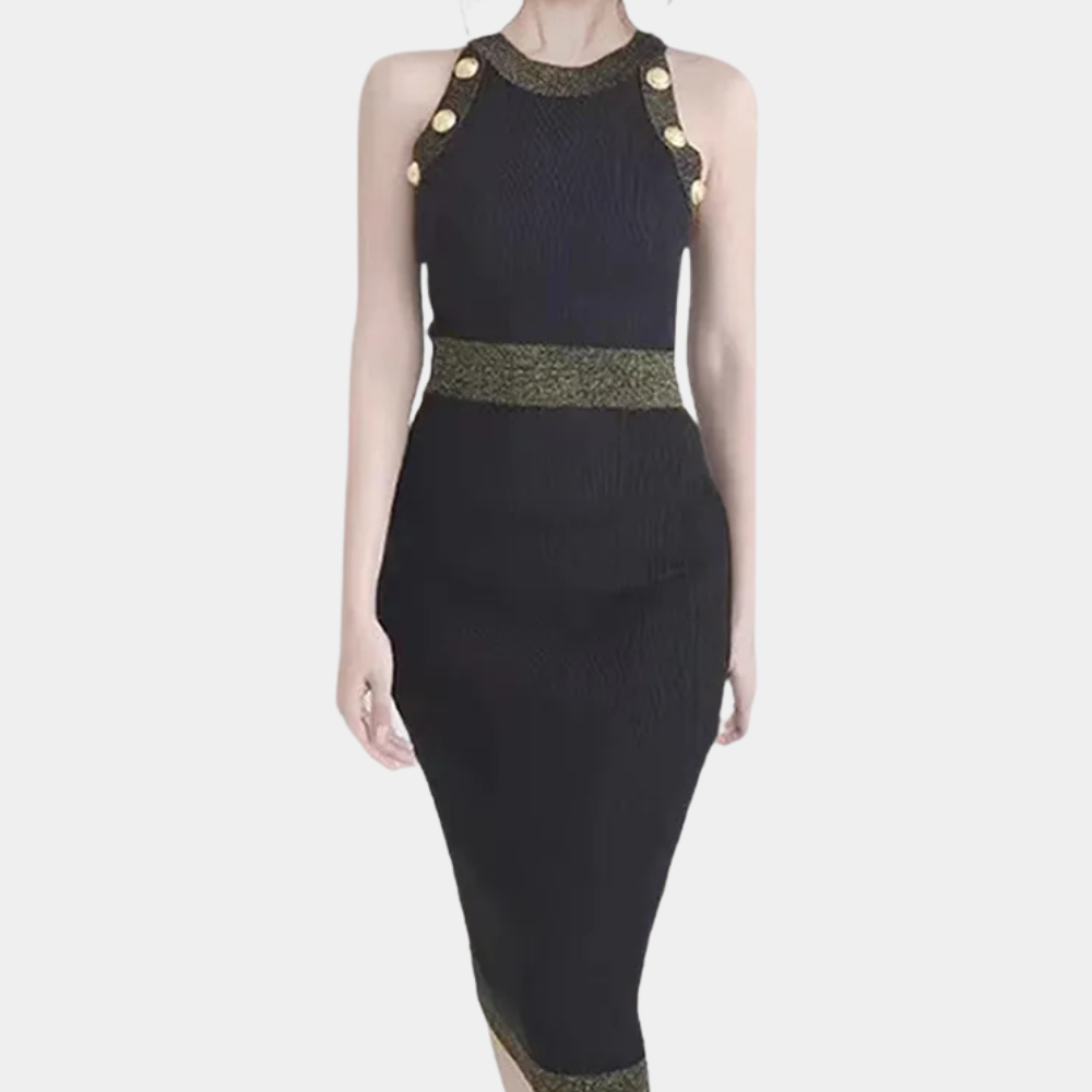 Celeste | Elegant Sleeveless Bodycon Midi Dress with Gold Accents